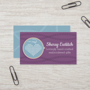Cross stitch embroidery hoop heart needle thread business card
