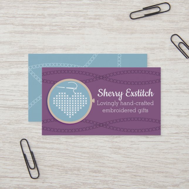 Cross stitch embroidery hoop heart needle thread business card (Front/Back In Situ)