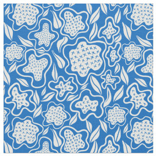 Cross Stitch Floral Royal Blue and White Fabric