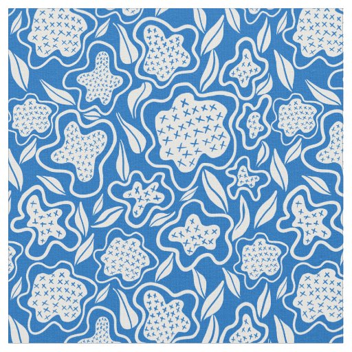 Cross Stitch Floral Royal Blue and White Fabric