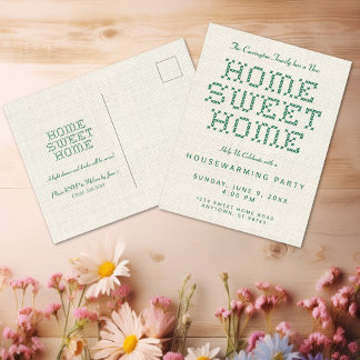 Cross-Stitch Home Sweet Home Green Housewarming Postcard