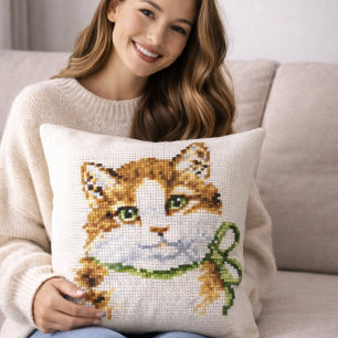 Cross Stitch Kitten Throw Pillow