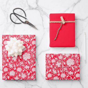 Cross Stitch Look Red White Floral Solid Red Wrapping Paper Sheets