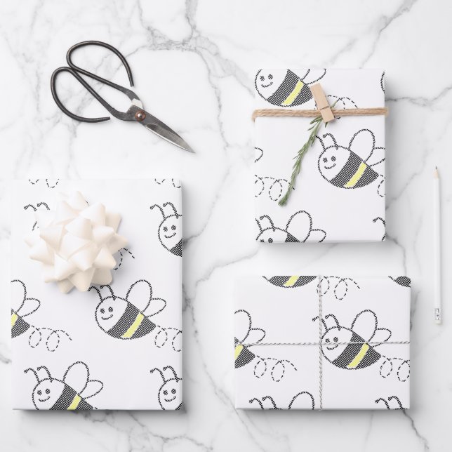 Cross Stitch Pattern Print Cute Bee Baby Shower Wrapping Paper Sheets (Front)