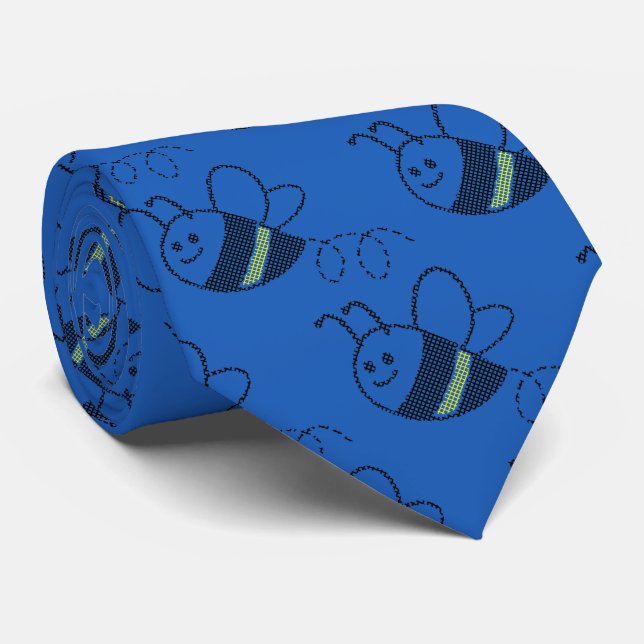 Cross Stitch Pattern Print Cute Bee  Neck Tie (Rolled)