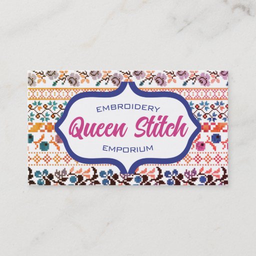 Customizable Cross stitch pixel art embroidery flowers blue business cards