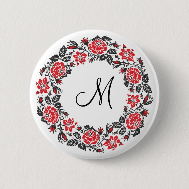 Cross-stitch Red Roses Circle Monogram Initial Button (Front)