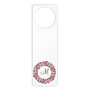 Cross-stitch Red Roses Circle Monogram Initial Door Hanger