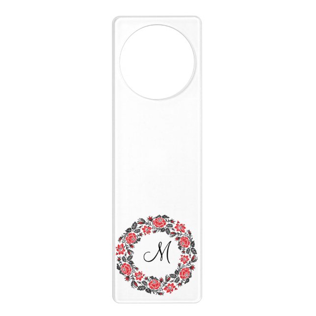 Cross-stitch Red Roses Circle Monogram Initial Door Hanger (Front)