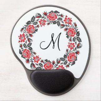 Cross-stitch Red Roses Circle Monogram Initial Gel Mouse Pad