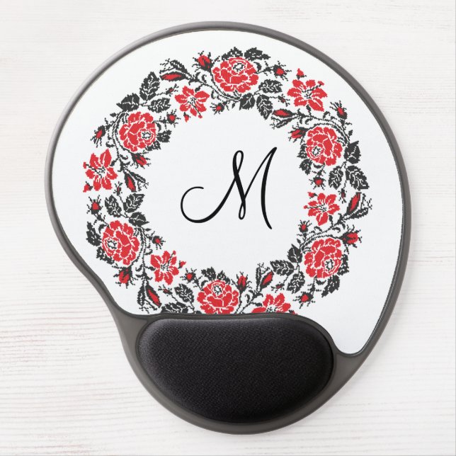 Cross-stitch Red Roses Circle Monogram Initial Gel Mouse Pad (Front)