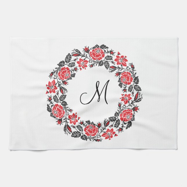 Cross-stitch Red Roses Circle Monogram Initial Kitchen Towel (Horizontal)