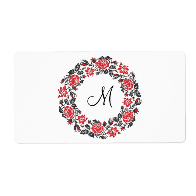 Cross-stitch Red Roses Circle Monogram Initial Label (Front)
