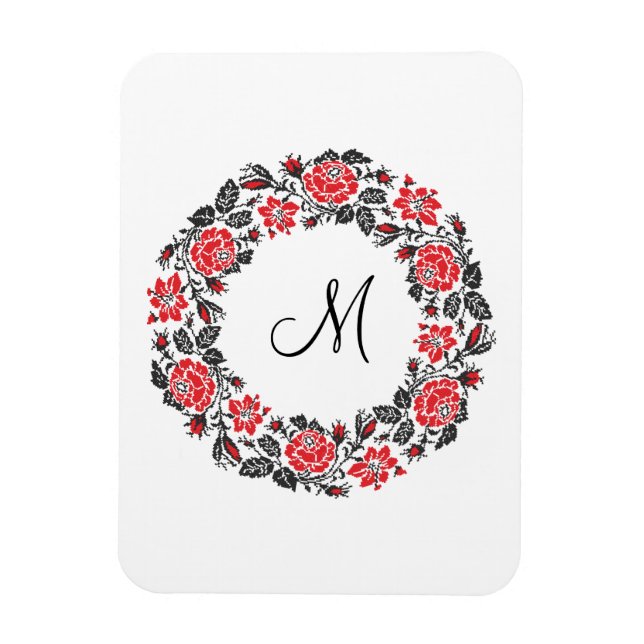 Cross-stitch Red Roses Circle Monogram Initial Magnet (Vertical)