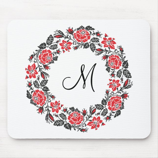 Cross-stitch Red Roses Circle Monogram Initial Mouse Pad (Front)
