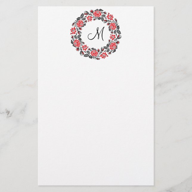Cross-stitch Red Roses Circle Monogram Initial Stationery (Front)