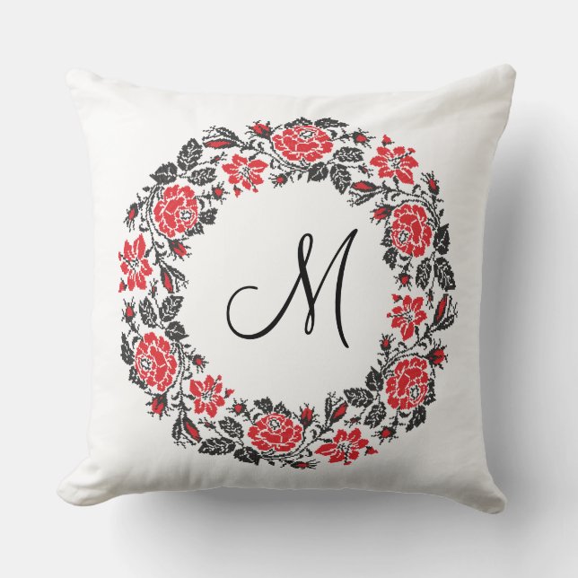 Cross-stitch Red Roses Circle Monogram Initial Throw Pillow (Front)