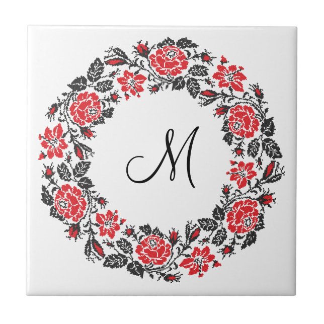 Cross-stitch Red Roses Circle Monogram Initial Tile (Front)