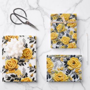 Cross Stitch Texture Black and Yellow Roses Wrapping Paper Sheets