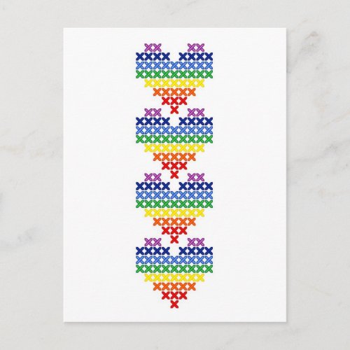 Cross stitched rainbow hearts postcard