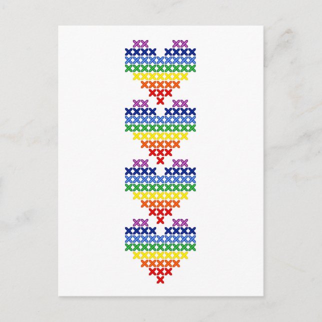 Cross stitched rainbow hearts postcard (Front)