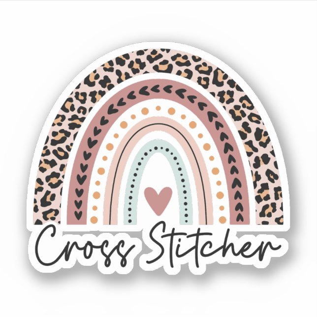 Cross Stitcher Leopard Rainbow, Cross Stitch Sticker (Front)