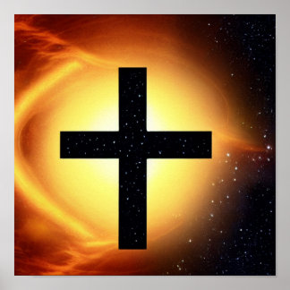 Cross Surrounded by Stars in Fire Nebula Poster