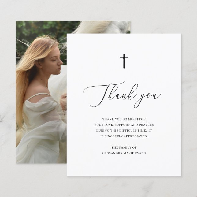 Cross Sympathy Funeral Photo Budget Thank You Card (Front/Back)