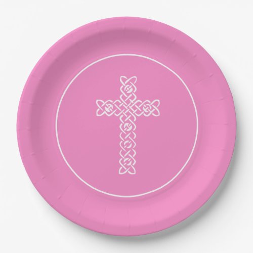 Cross  Taffy Pink Communion Baptism Christening Paper Plates