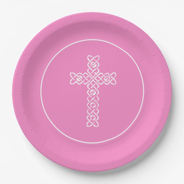 Cross | Taffy Pink Communion Baptism Christening Paper Plates (Front)