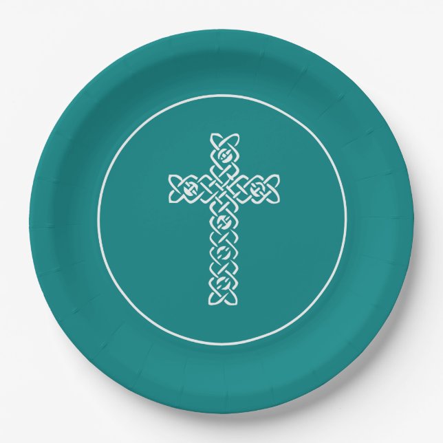 Cross | Teal Blue Communion Baptism Christen Paper Plates (Front)