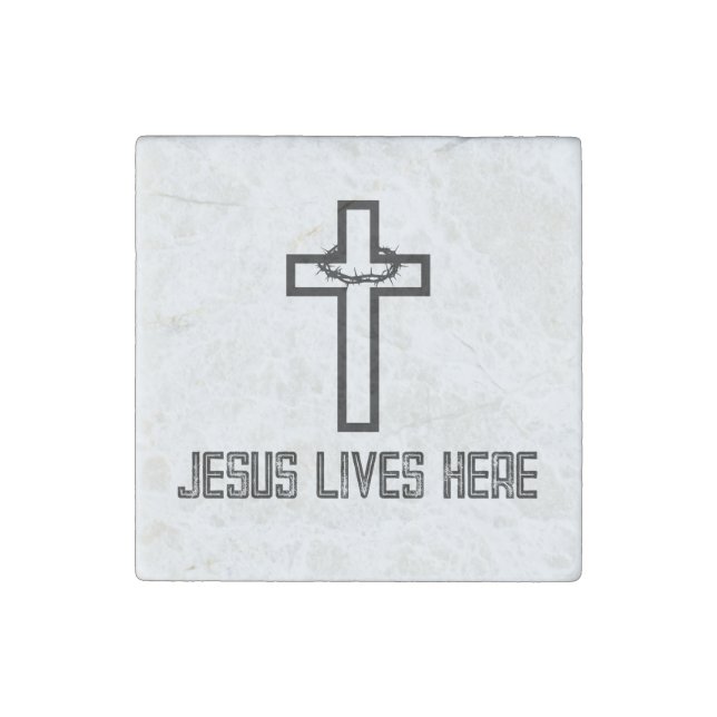 Cross Thorns Jesus Lives Here Stone Magnet (Front)