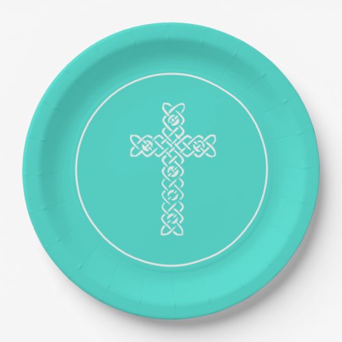 Cross  Turquoise Communion Baptism Christen Paper Plates