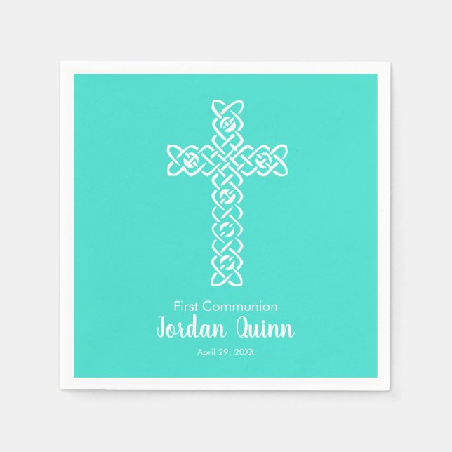 Cross | Turquoise Communion Baptism Christening Napkins (Front)