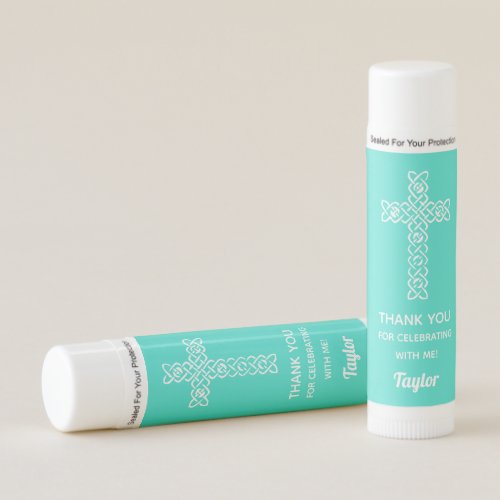 Cross  Turquoise First Communion Thank You Favors Lip Balm