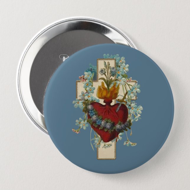 Cross Virgin Mary Immaculate Heart Religious Class Button (Front & Back)