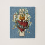 Cross Virgin Mary Immaculate Heart Religious Jigsaw Puzzle<br><div class="desc">Featuring a beautiful custom designed traditional Catholic image of the Heart of the Immaculate and Sorrowful Virgin Mary overlaid on a cross with blue forget-me-not flowers.</div>
