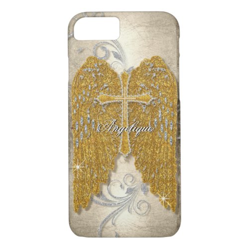 Cross w Glitter Diamond Jewel Look Angel Wings iPhone 87 Case
