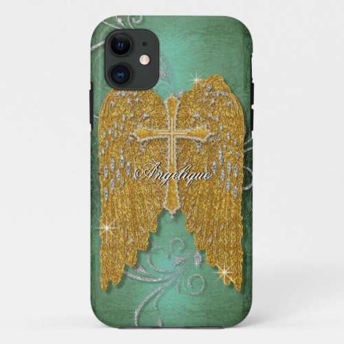 Cross w Glitter Diamond Jewel Look Angel Wings iPhone 11 Case