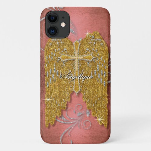 Cross w Gold Glitter Diamond Jewel Angel Wings iPhone 11 Case