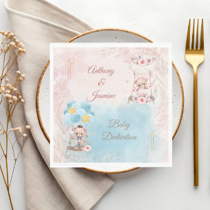 Cross w/ Pink and Blue Twin Teddy Bears on Swing Napkins