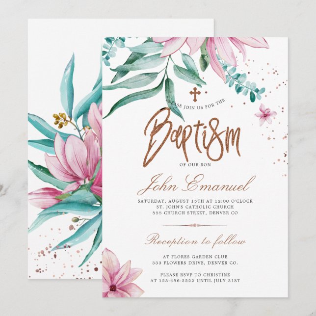 Cross watercolor elegant floral baptism invitation (Front/Back)
