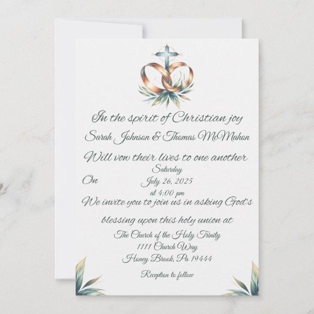 Cross, Wedding Bands and Leaves Wedding Invitation (Front)