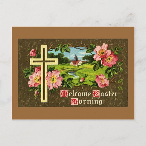 Cross Wild Roses and Church Vintage Easter Holiday Postcard