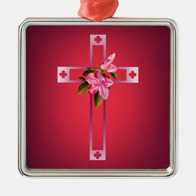 Cross with Azalea Flowers Easter Metal Ornament (Front)