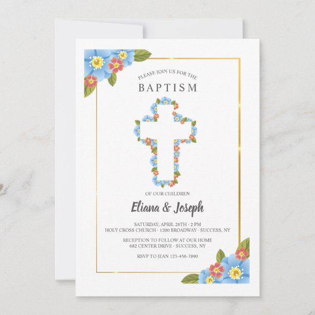 Cross with Blue and Red Flowers Invitation (Front)