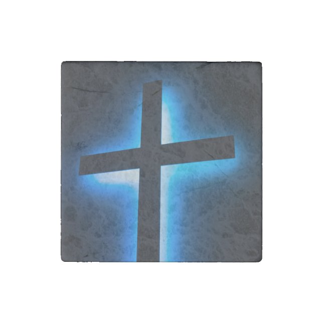 Cross with blue background stone magnet (Front)