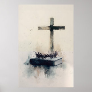 Cross With Crown Of Thorns Watercolor Christian Poster