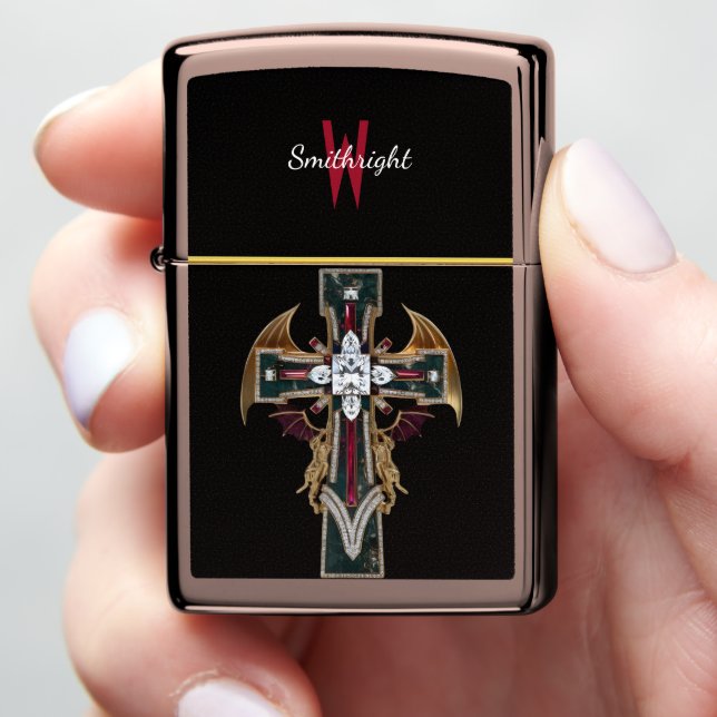 Cross With Dragon and Diamond Embellishments Zippo Lighter (In Hand)