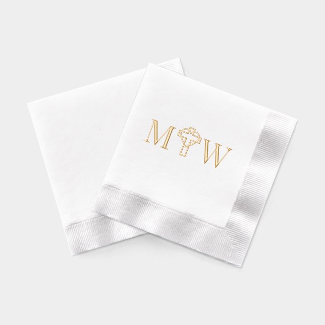 Cross with Entwined Heart Couple 2 Init Monogram Foil Napkins (Back)